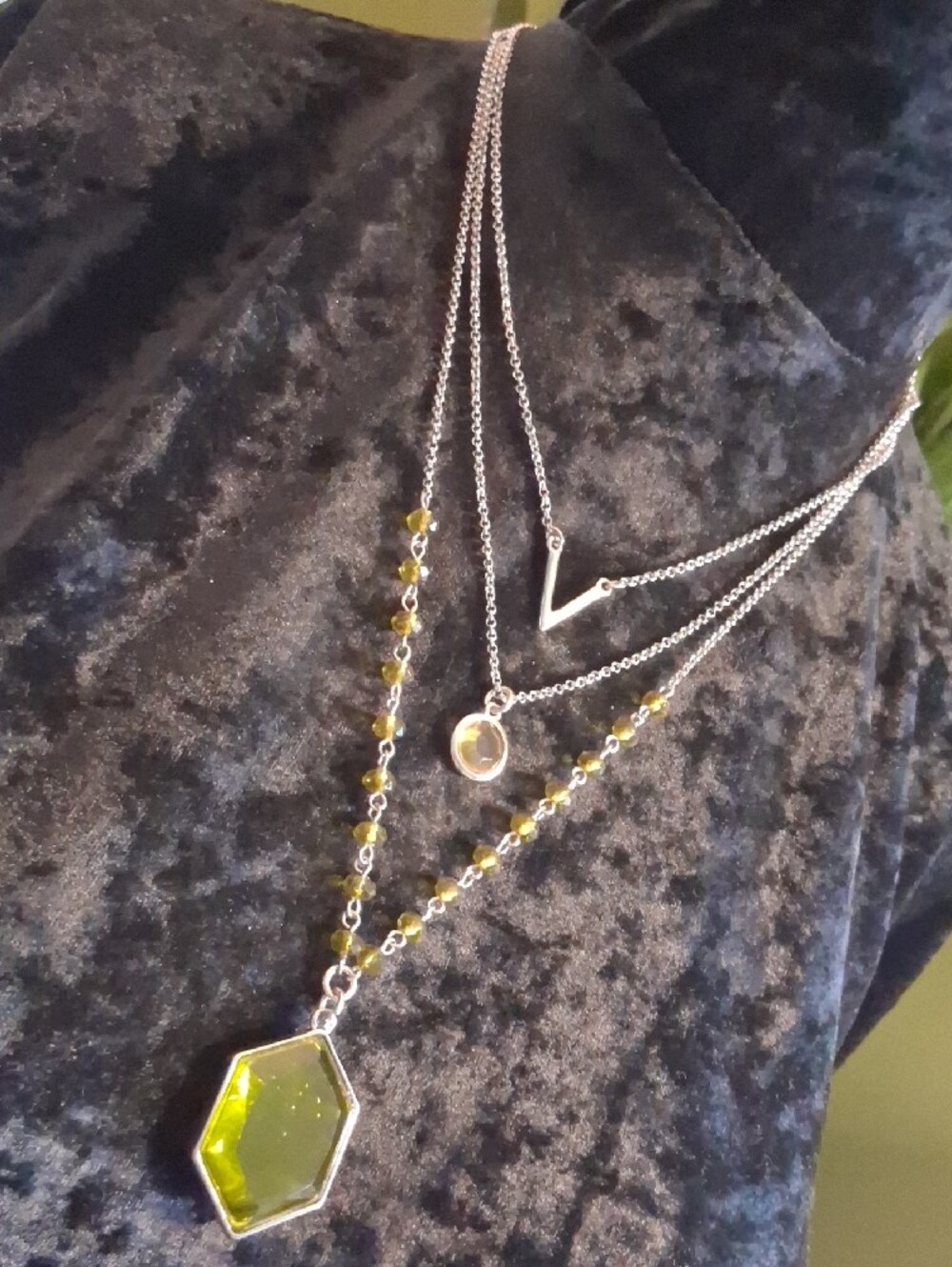 Charming Charlie Silver Layered Necklace & Earring Set with Olive Green Stones - Picture 7 of 8